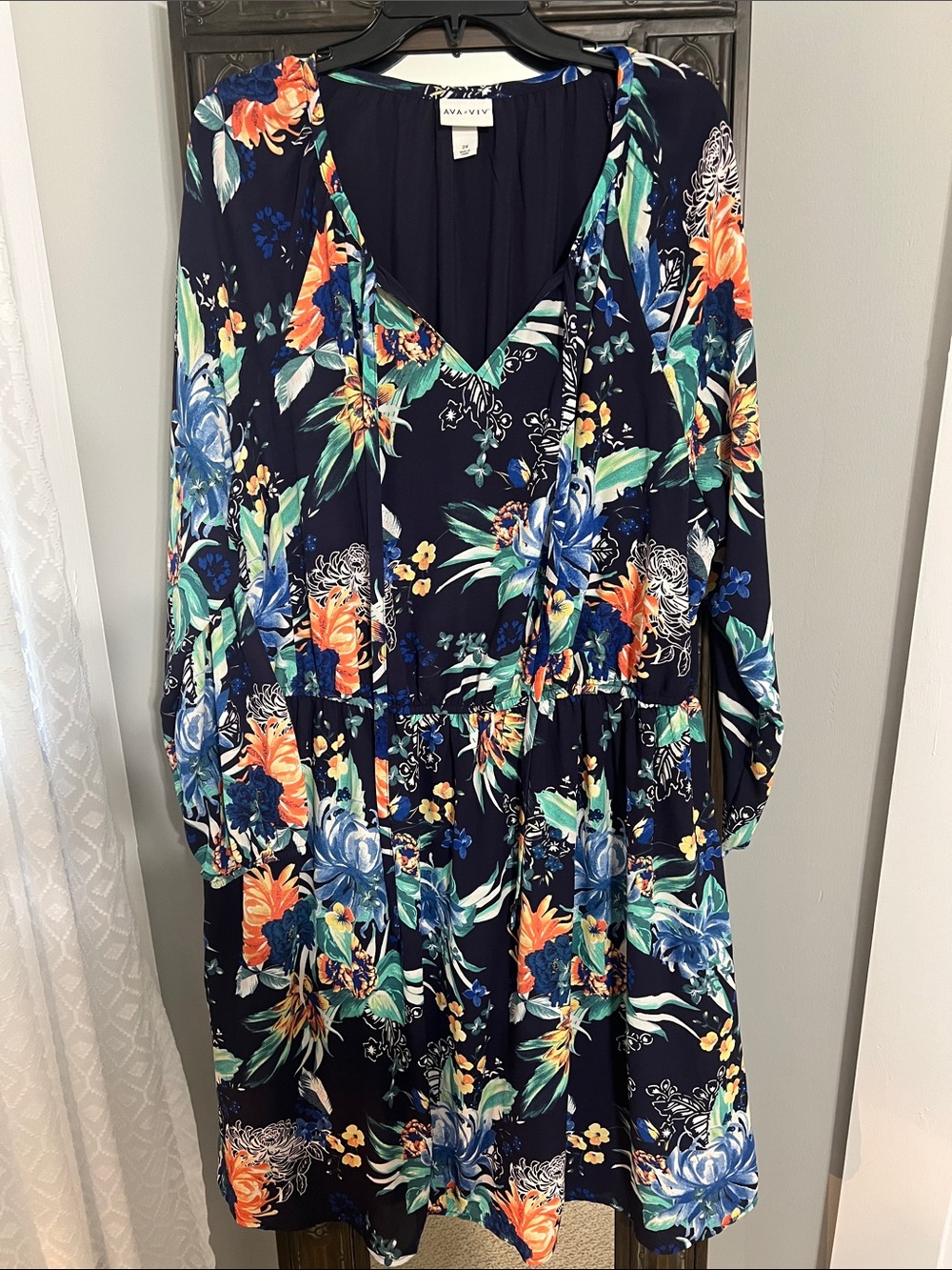 Ava & Viv Navy Floral Long Sleeve V-Neck Dress with Blue & Orange Blooms